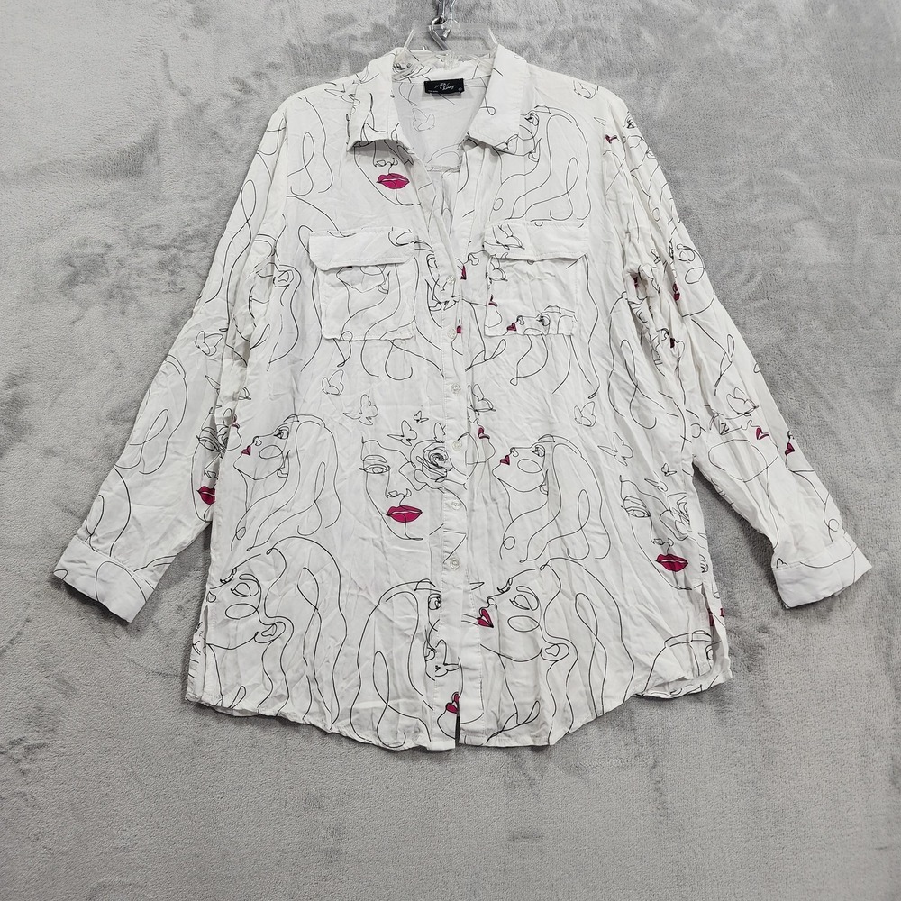 Milk & Honey Shirt Womens L White Abstract Face Print Button Front‎ Long Sleeve